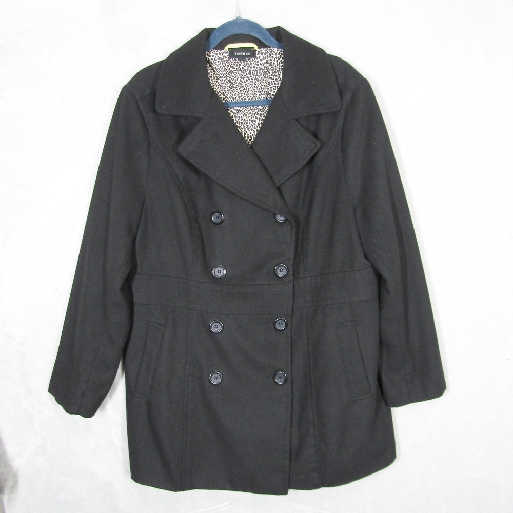 Torrid Coat Size 2X Black Double Breasted Wool Blend Peacoat Coat Leopard Lined